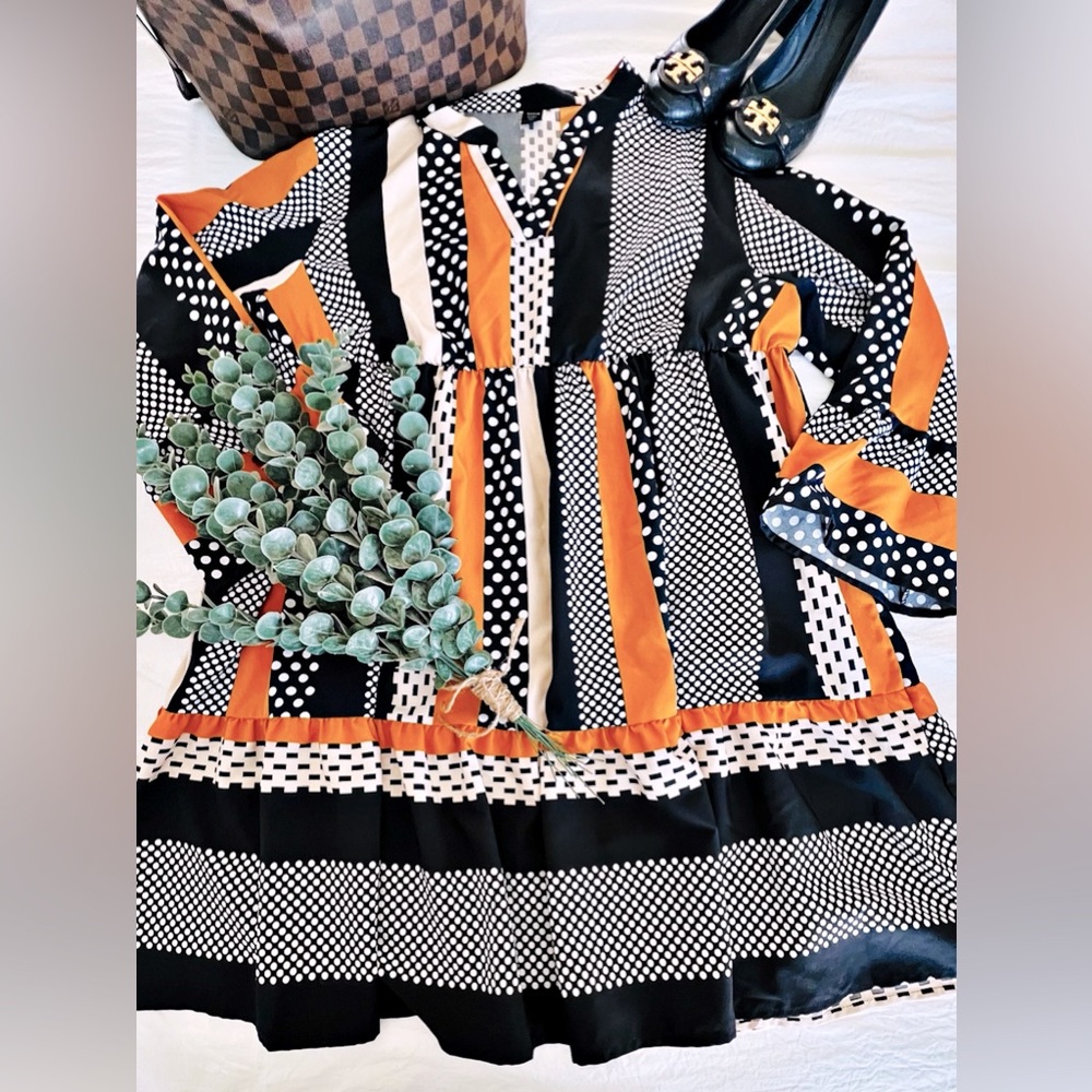 🔴SOLD🔴SHEIN LUNE Plus Patchwork Print Flounce Sleeve Ruffle Hem Dress ~0XL